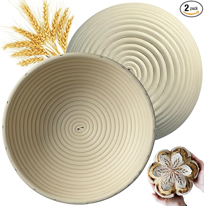 [Upgraded] Banneton Bread Proofing Basket 2 pack 9" Round With Liner, Natural Rattan Bread Basket Perfect for Professional & Home Sourdough Bread Baking, Artisan Sourdough Bread. (Set 2 pack 9" Round)