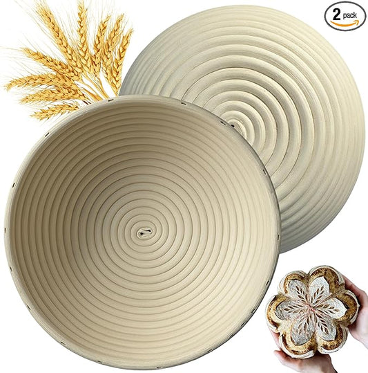 [Upgraded] Banneton Bread Proofing Basket 2 pack 9" Round With Liner, Natural Rattan Bread Basket Perfect for Professional & Home Sourdough Bread Baking, Artisan Sourdough Bread. (Set 2 pack 9" Round)