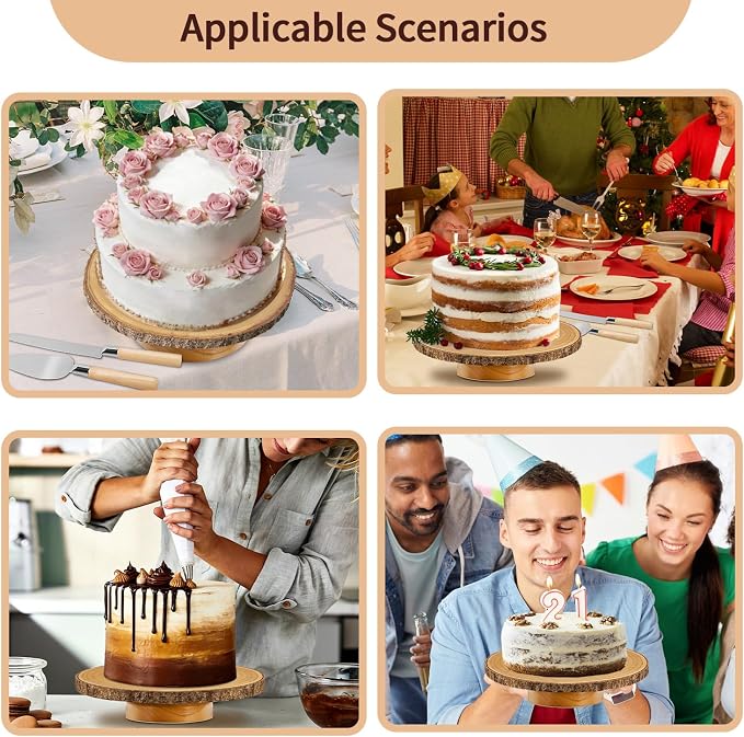 12" Rotating Wood Cake Stand with Cake Cutting Set (Knife and Server) - Rustic Wooden Cake Turntable for Decorating, Party, Wedding, Baby Showers, Reception, Event - Ideal Baking Gift & Decor