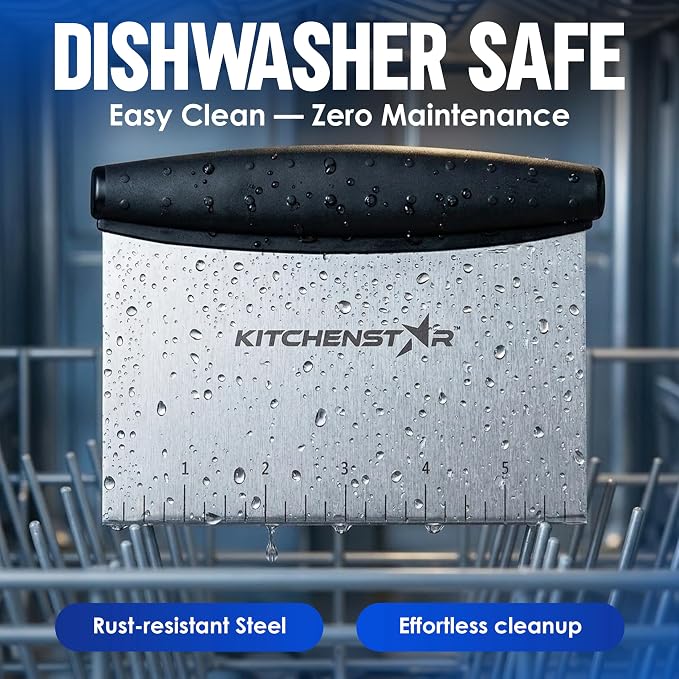 KitchenStar Dough Scraper 6-inch, Stainless Steel Bench Scraper with Measurement Markings & Non-Slip Handle, Pastry Cutter for Bread, Pizza & Vegetables, Dishwasher Safe