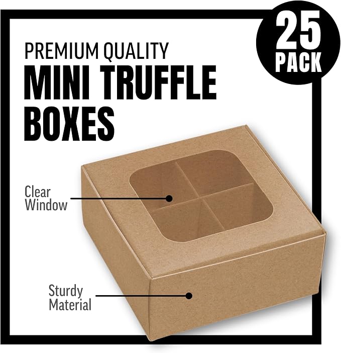 25 pcs Kraft Mini Truffle Box for 4 Treats with Window and Dividers, Bakery Boxes, 3.5 x 3.5 x 1.57 Inches VERY SMALL Baking Boxes for 4 Treats, Square Truffles Box for Gift Giving