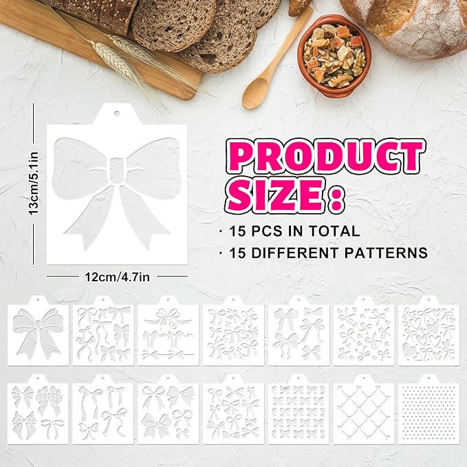 Whaline 15 Pcs Cookie Stencils Biscuit Cake Baking Templates Coquette Bowknot Airbrush Painting Stencils with Bead Chain Decorative for DIY Crafts Birthday Bachelorette Party