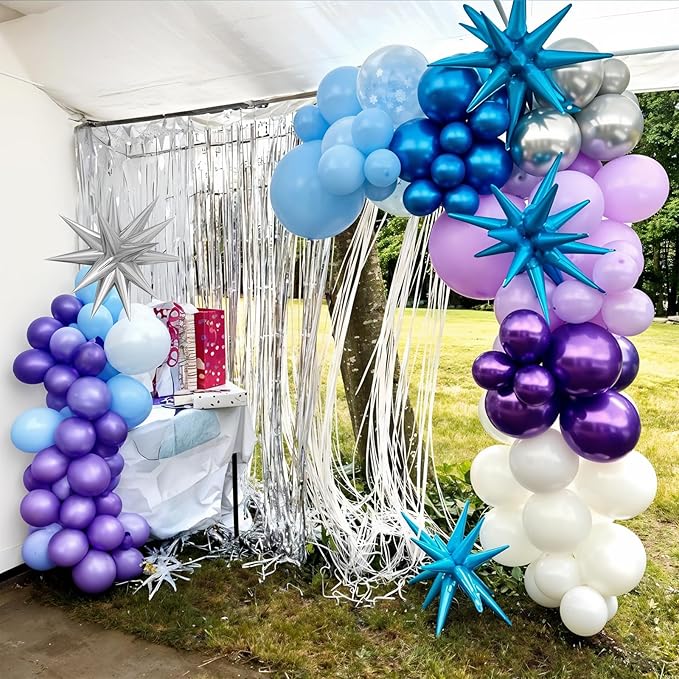 Snow Balloon Garland Arch Kit with Star Foil Balloons, Snow Birthday Party Supplies, Blue Purple White Snowflake Balloons Arch Kit for Princess Winter Wonderland Girl Baby Party Decorations