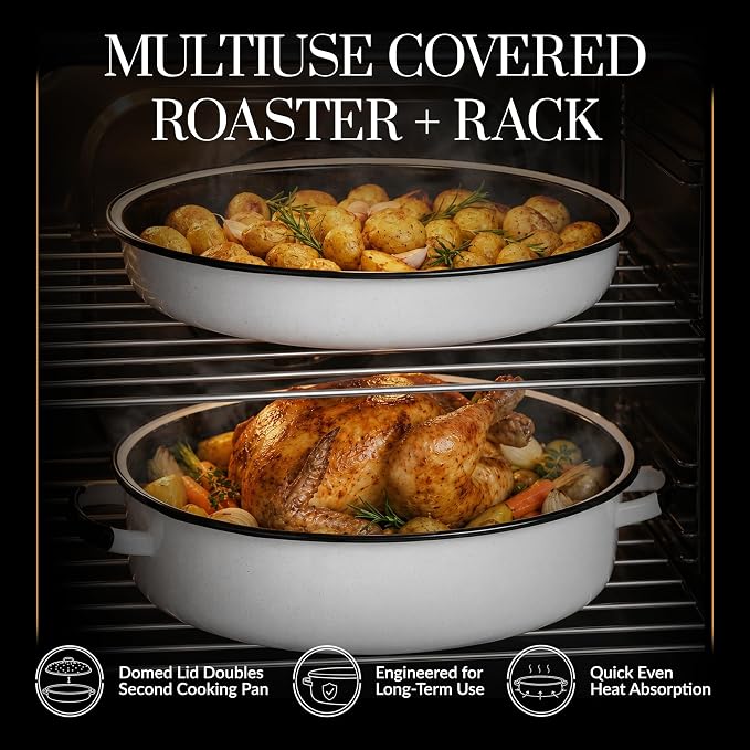 Granite Ware 18-Inch Oval Covered Roaster With Rack - Nonstick Enamel Steel Cookware with Lid for Baking, Broiling, Grilling, Even Cooking - Multiuse Roasting Pan for Versatile Meals