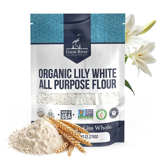 Great River Milling Lily White Organic All-Purpose Flour | Unbleached & Unbromated | Non-GMO, Kosher | Ideal for Bread, Cookies, Cakes, Pizza Dough & Everyday Baking | 5 Lb