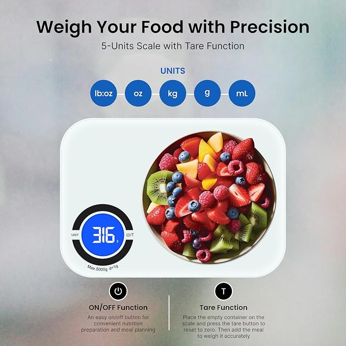 Nutrition Scale – Digital Kitchen Food Scale with App, Smart Food Scale for Calorie & Nutrition Tracking, White