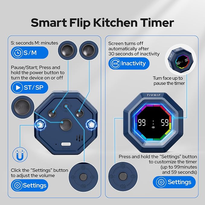 Visual Timer for Kids Kitchen Timer Pomodoro Magnetic Visual Countdown | Smart Gravity Sensing Timer with Large Display Loud Alarm for Study Cooking Classroom Homework Time Management