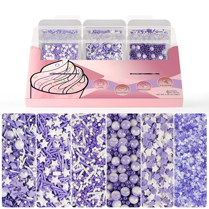 HUEBEATY 6-in-1 Purple Sprinkles for Cake & Cupcake Decorating – 180g Edible Sanding Sugar & Pearl Sprinkles Mix for Birthday, Wedding, Unicorn & Mermaid Themes (Purple and Silver)