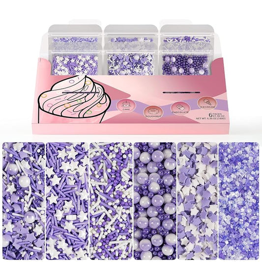 HUEBEATY 6-in-1 Purple Sprinkles for Cake & Cupcake Decorating – 180g Edible Sanding Sugar & Pearl Sprinkles Mix for Birthday, Wedding, Unicorn & Mermaid Themes (Purple and Silver)