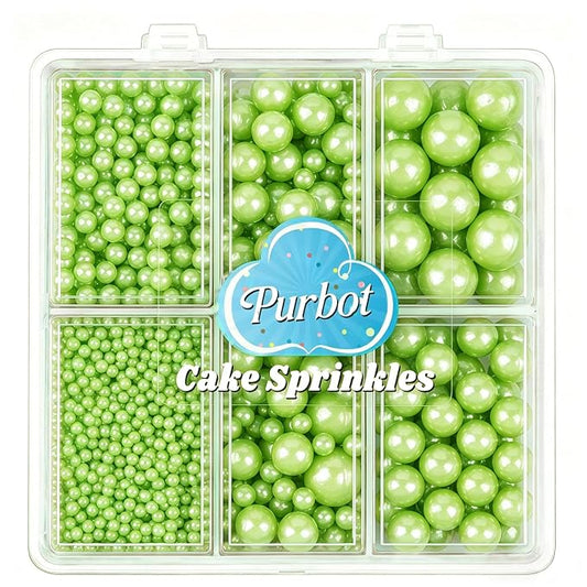 Light Green Pearl Sprinkles for Cake Decorating, 4 Sizes Sugar 130g/4.6oz, Cupcake, Ice Cream, Donuts, Macaron Toppings Supplies (2mm, 4mm, 7mm, 1cm)