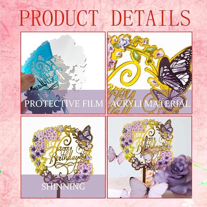 27 PCS Flower Cake Decorations Red Cake Decorations Boho Butterfly Cake Toppers with Rose Artifical Flowers Palm Leaves Balls Happy Birthday Cake Topper for Birthday Party Wedding Baby Shower
