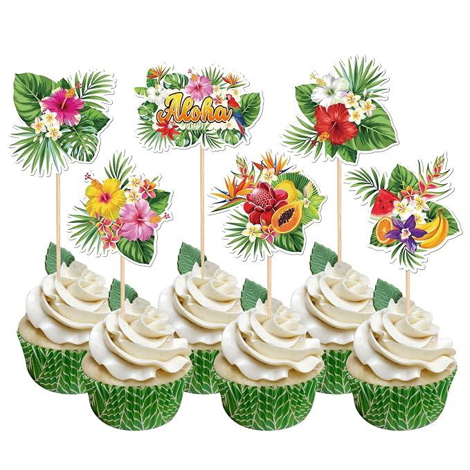 30 PCS Tropical Cupcake Toppers Summer Hawaiian Plants Flowers Fruits Cupcake Picks Luau Palm Leaves Cupcake Decorations for Tropical Aloha Theme Baby Shower Birthday Party Cake Decorations Supplies