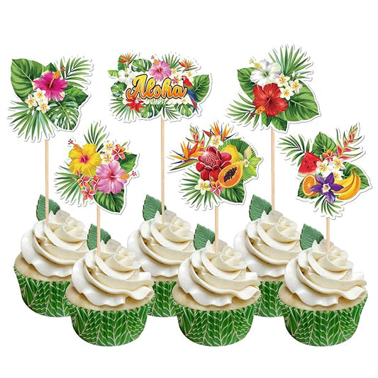 30 PCS Tropical Cupcake Toppers Summer Hawaiian Plants Flowers Fruits Cupcake Picks Luau Palm Leaves Cupcake Decorations for Tropical Aloha Theme Baby Shower Birthday Party Cake Decorations Supplies