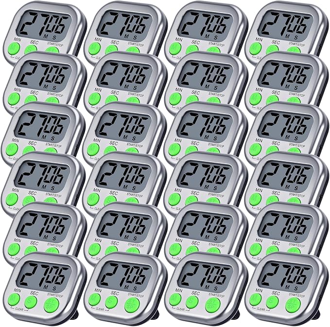 Leumoi 24 Pcs Digital Kitchen Timers Magnetic Back Timers Bulk Large Screen Loud Alarm On/Off Switch Minute Second Count up Countdown Memory Setting for Cooking Classroom Exercise (Sliver and Green)