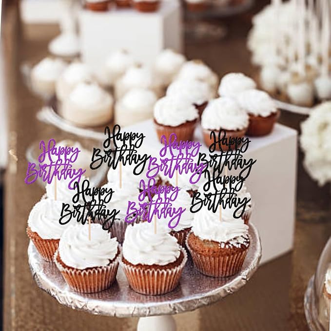 24 PCS Happy Birthday Cupcake Toppers Glitter Happy Birthday Cupcake Picks for Celebrating Anniversary Theme Party Cake Decorations Supplies Black Purple