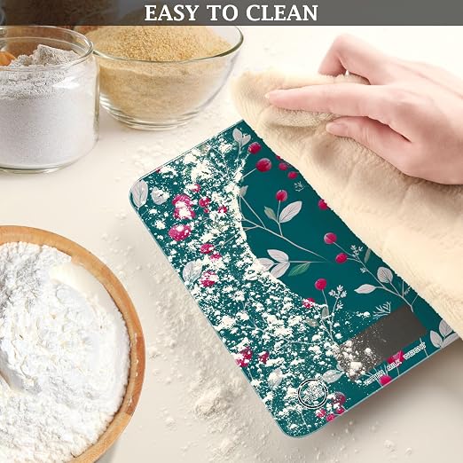 Food Scale Kitchen Scale for Baking Cooking Digital Food Weighing Measuring Scale Small Waterproof Electric Food Scale Teal Winter Berries and Snowflakes