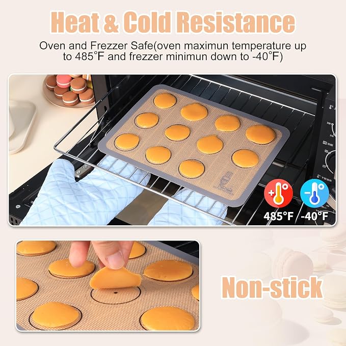 Silicone Baking Mat Macaron - Set of 3 (2 Half Sheet Liners and 1 Quarter Sheet), Non Stick Silicon Cookie Oven Liner For Macaroons, Bake Pans, Pizza, Toaster, Cake and Bread Making (Red,Blue,Gray)