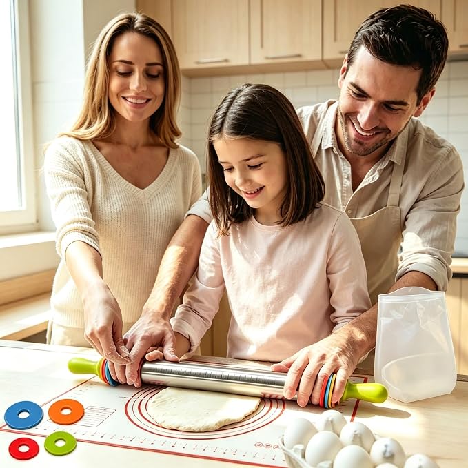 3-in-1 Adjustable Rolling Pin with Handle | 4 thickness rings (2-10mm) | Includes mat & kneading bag | Ergonomic 304 steel | Dishwasher safe | For pizza, pastry, cookies