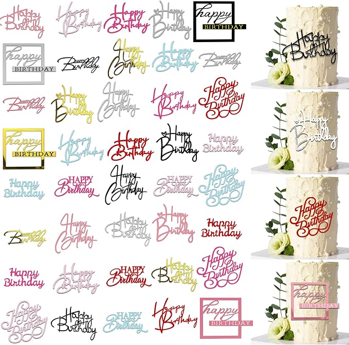 40 PCS Happy Birthday Cake Toppers Mirror Acrylic Toppers with 10 Styles 8 Colors for Birthday Party Cake Desserts Pastries