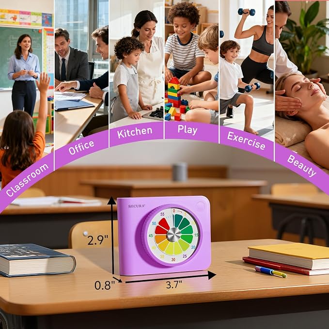 Secura Rainbow Visual Timer for Kids, 60-Minute Countdown Timer | ADHD Timer for Time Management, No Ticking for Focus, Mute & Beep Alert, Pause function, Magnetic Backing, Stand (Purple)