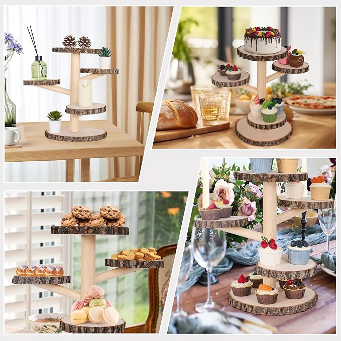 GENMOUS Wooden Farmhouse Style Cake Stand, 5-Tired Wedding Cake Stand Wood & Display Serving Tray Platter, for Appetizers Desserts Charcuterie Board