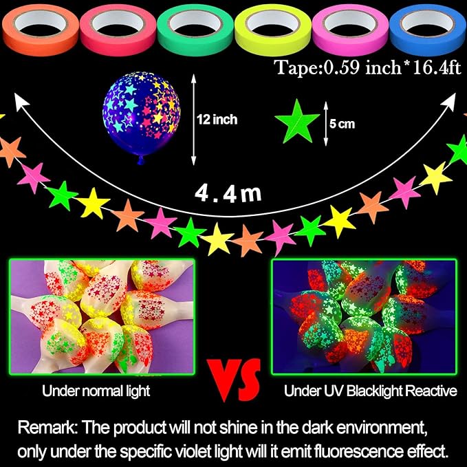 Skylety 32 Pcs Glow in The Dark Party Supplies Neon Party Favors with 25 Fluorescent Balloon 6 Rolls 98.4 ft UV Blacklight Luminous Tape 14.4 ft Neon Streamer Garland for Adults(Glitter Star)