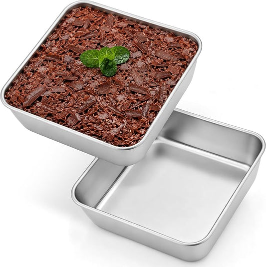 Leonyo Stainless Steel 6x6 Baking Pan, 2 Pack Metal 6IN x 6IN Square Cake Pans, Commercial Brownie Pans Baking Dish for Cornbread, Banana Bread, Lemon Bars, Dishwasher Safe