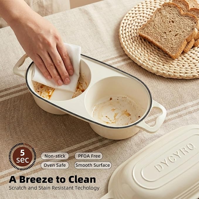Dutch Oven For Sourdough Bread Baking – Enameled Cast Iron Dutch Oven Pot with Lid, Double Bread Loaf Pan – 500°F Oven Safe Non Stick Bread Pot for Homemade Bread, Meatloaf, Cake–Round Loaf Space, Even Heating– Cream White