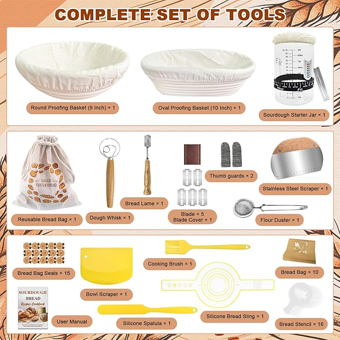 Sourdough Starter Kit with Basket Sourdough Starter Jar for Beginner | 47PCS Set with 9&10-inch Proofing Baskets,34oz Sourdough Starter Jar, Bread making tools & Gift for Women Wife Mom