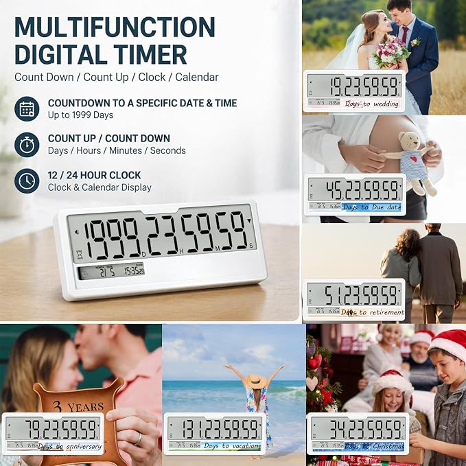 Digital Countdown Timer Clock 9999 Days Calendar Timer, Custom Past Date Countup & 6 DIY Writeable Stickers, Magnetic Count Down Clock for Retirement Wedding Pet Memorial Vacation Classroom Lab