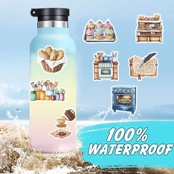 100pcs Cute Kitchen Baking Stickers Realistic Bakery Transparent Recipe Waterproof Food Stickers Pack for DIY Scrapbook Water Bottles,Laptop,Funny Bakery Themed Party Decorations