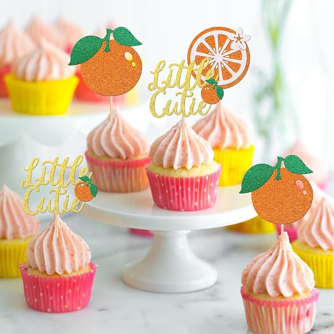 30 PCS Little Cutie Cupcake Toppers Glitter Fruit Orange Cupcake Picks for Citrus Theme Baby Shower Kids Boys Girls Birthday Party Cake Decorations Supplies Gold