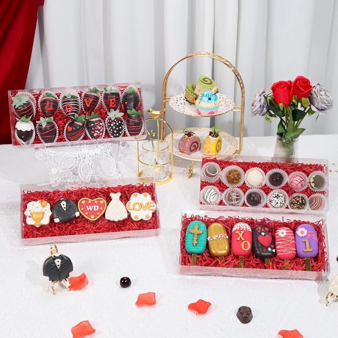 RomanticBaking 12PCS 12x5x2 Inch Clear Treat Boxes for Chocolate Covered Strawberries, Cocoa Bombs, Donuts, Muffins, Pastries, Bakery, Cookie, Macaron, Gift Boxes for Party Favors