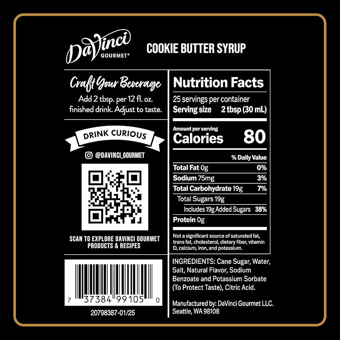 DaVinci Gourmet Cookie Butter Syrup, Made with Pure Cane Sugar, Dairy Friendly, 25.4 Fluid Ounces (Pack of 1)