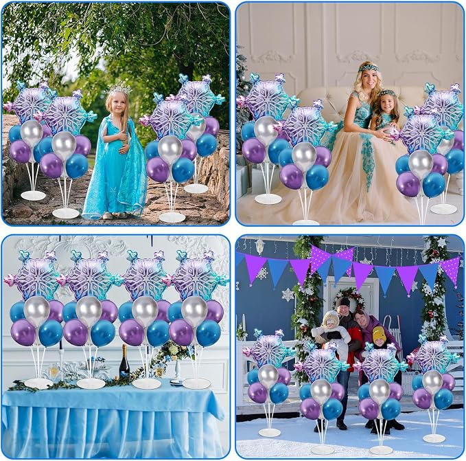 4 Sets Snow Party Balloons Stand Kit with Snowflake Foil Balloons Purple Blue Silver Party Balloon Centerpiece for Tables for Girl Princess Winter Wonderland Themed Birthday Baby Shower Decorations