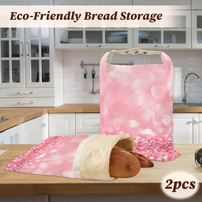Beeswax Bread Bags, 2 Pack for Homemade Bread and Sourdough Storage | Pink Glitter, Reusable Polyester Bread Storage With Beeswax Coating And Snap Closures