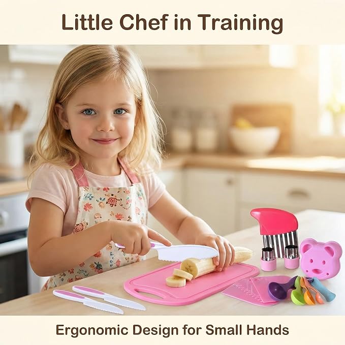 Carolart Kids Cooking Sets Real with Knife, Kids Baking Set for Girls | Montessori kitchen tools with safe knives, hat and apron,chef set gift for girls