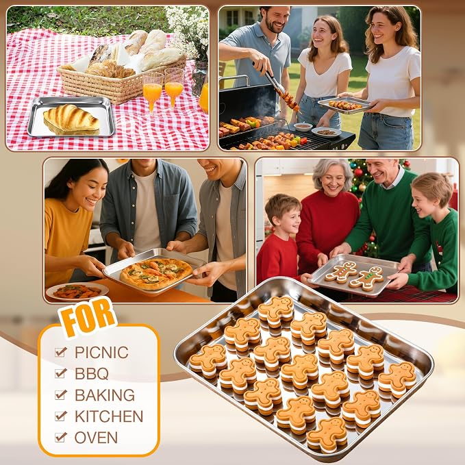 Potchen 3 Pcs Baking Sheet Pan Set Stainless Steel Cookie Sheet Small Toaster Oven Pans Tray Barbecue Grill Pan Rectangle Trays Oven Freezer Bakery, Non-stick, Easy Clean, 9 x 6.7 x 1 Inches