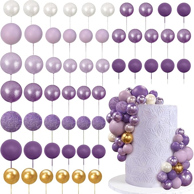 56 PCS Colorful Ball Shaped Cake Topper Pearl Balls Cupcake Cake Insert Topper for Birthday Party Wedding Decoration Supplies Purple Seven Colors
