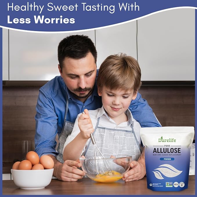 Durelife Allulose sweetener, 1 lb 100% Pure No Erythritol powdered Sugar Substitute, NON-GMO Project Verified, Keto Certified, OU kosher, No Fillers, Zero Calories sugar alternative 1 Lbs