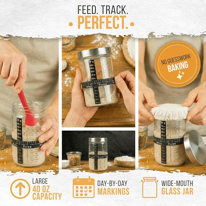 TheWarmUp Sourdough Starter Kit for Beginners with Baking Course & Video Guides, Large 40 oz Glass Jar, 10" Oval and 9" Round Bannetons, Danish Whisk, Lame, Dough & Bowl Scraper, 16 Stencils