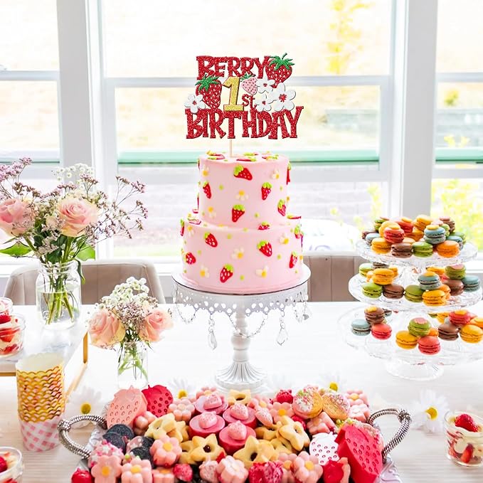 1 PCS Berry 1st Birthday Cake Topper - Red Glitter Flower Fruit Sweet One Strawberry Cake Pick - First Birthday Cake Decoration for Baby Shower Party Decorations Supplies