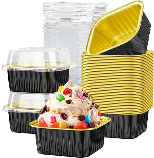 40 Pack 5 OZ Mini Cake Pans with Lids, Disposable Square Aluminum Foil Brownie Baking Cups, Mini Aluminum Foil Cupcake Muffin Tin Ramekins, Flan Molds Cake Containers for Wedding Birthday Party, Black