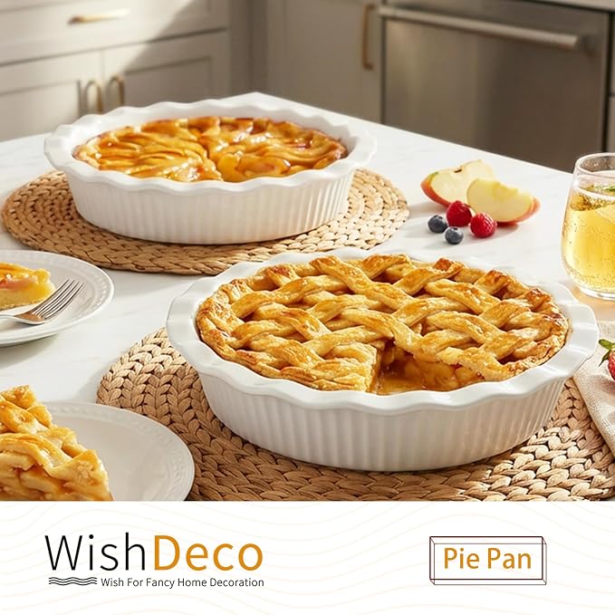 WishDeco Pie Pan for Baking Set of 2, Ceramic Baking Pan 9 inch, Deep Round Pie Dish 50 oz, Pie Plate with Fluted Rim, Porcelain Baking Dish for Apple Pie, Quiche, Tart, Cake Oven & Microwave Safe