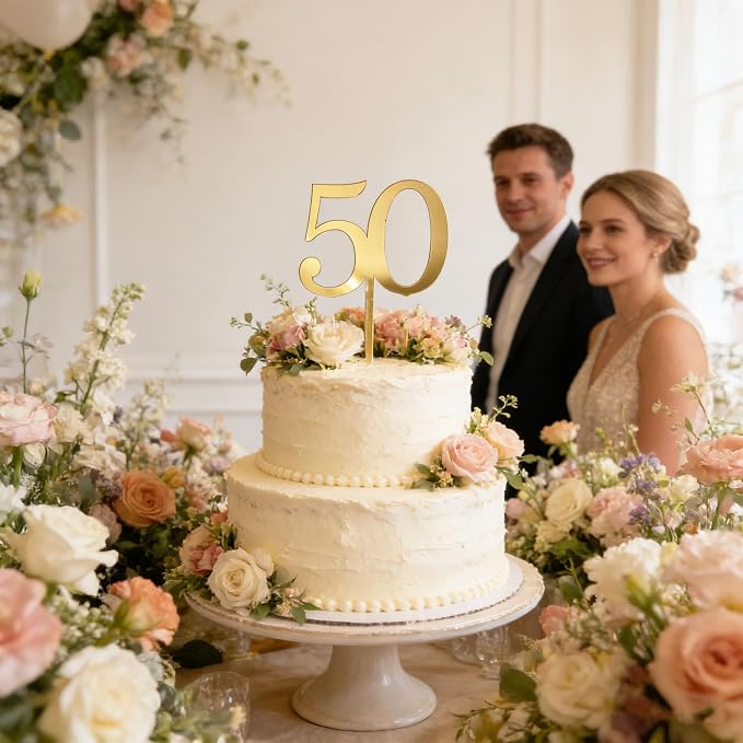 50th Birthday Cake Topper,Gold Mirror Acrylic Cheers to 50/Fifty Years Old,Number 50 Themed Party for Vow Renewal Wedding Anniversary Birthday Celebration Accessory Party Supplies Perfect Ideas