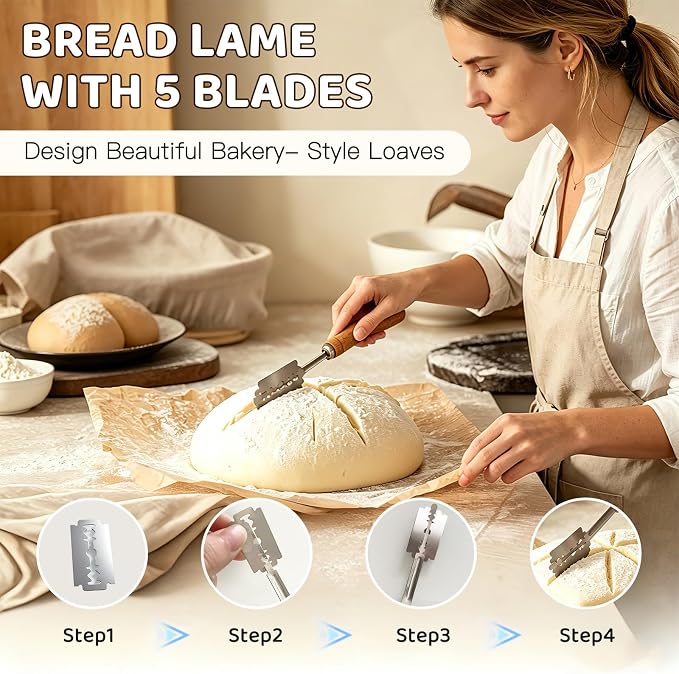 Sourdough Starter Kit - 10 Inch Round Sourdough Proofing Basket with Linen Liner, Handmade Dough Rising Bowl for Artisan Bread Making, Fermentation Tool for Home Bakers - Complete Kit with Scraper