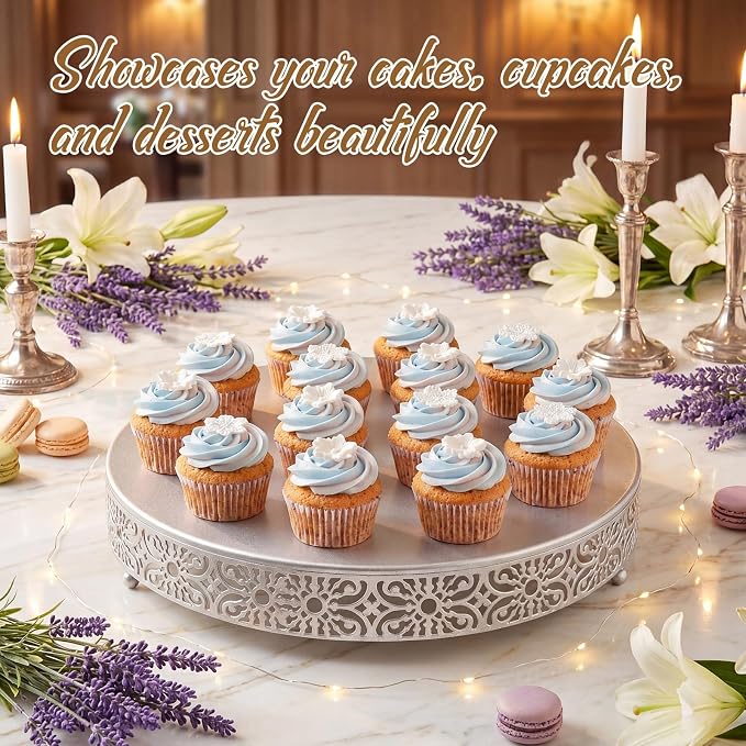 Wenqik 20 Inch Cake Stand Round Metal Cupcake Dessert Wedding Cake Stand Cookies Display Holder Fruit Food Serving Tray for Table Wedding Birthday Anniversary Party Decor (Silver)