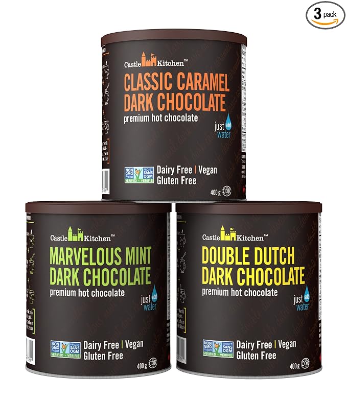 Castle Kitchen Hot Chocolate Mix Variety Pack (42 oz) – Classic Caramel Dark Chocolate and Marvelous Mint Dark Chocolate – Dairy-Free, Vegan, Non-GMO, Kosher Hot Cocoa – Just Add Water – 14 oz Each, Pack of 3