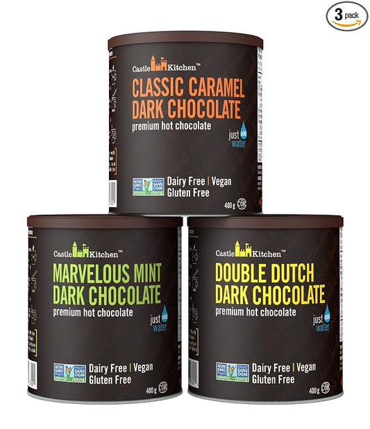Castle Kitchen Hot Chocolate Mix Variety Pack (42 oz) – Classic Caramel Dark Chocolate and Marvelous Mint Dark Chocolate – Dairy-Free, Vegan, Non-GMO, Kosher Hot Cocoa – Just Add Water – 14 oz Each, Pack of 3