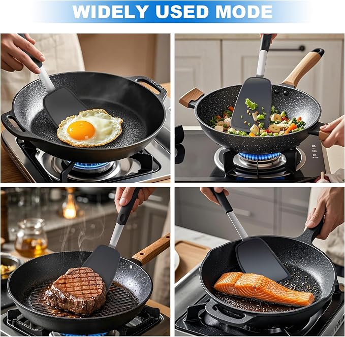 2 Pack Flexible Silicone Spatula Turner, Non Scratch Cookware Safe Cooking | Mepple 600°F High Heat Resistant Rubber Non-Stick Spatula, Ideal for Eggs, Burgers, Crepes, Fish Flipping and More,Black